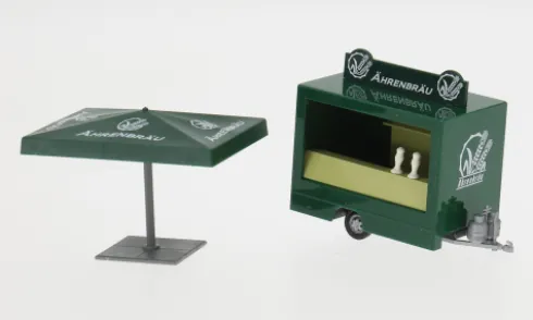 - Ausschankwagen mit Schirm, Bierkästen, Aufsteller und Ausschneidebogen, Ährenbräu, 1:87, Busch