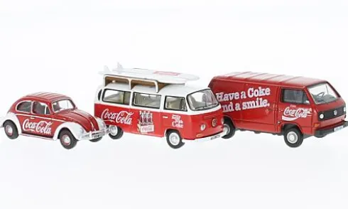 VW 3er-Set, Käfer, T2 Bus, T3 Kastenwagen, Coca-Cola, 1:76, Oxford